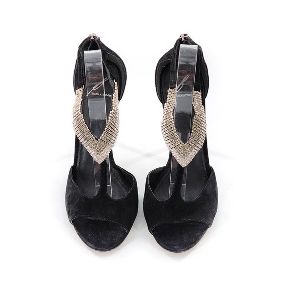 B BRIAN ATWOOD BFLORETO Suede Crystal Embellished Sandals T-Strap Black - Picture 4 of 14
